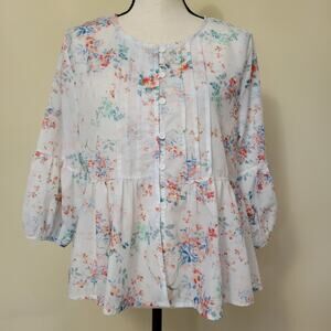 LZX EUC Floral Babydoll Boho Cottagecore Long Sleeve L Pintuck Button Blouse